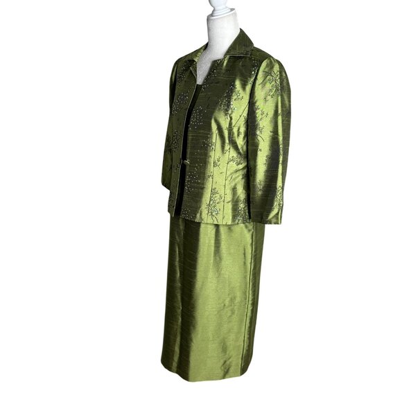 Coldwater Creek Two Piece Green Brocade Dress Jacket Set Petite 10 Green Beaded - Picture 5 of 9